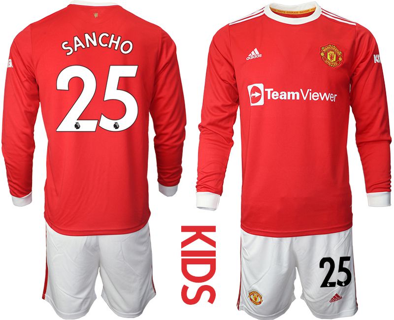 Youth 2021-2022 Club Manchester united home red Long Sleeve #25 Soccer Jersey